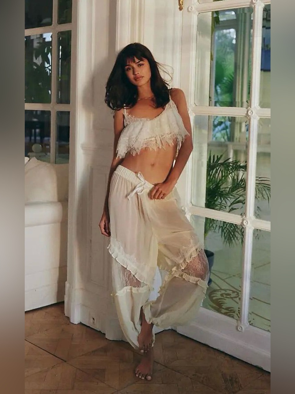 NWT Lyrebird by Anthropology Sheer Lace-Trim Balloon Lounge Pants in Eggnog - Picture 3 of 10